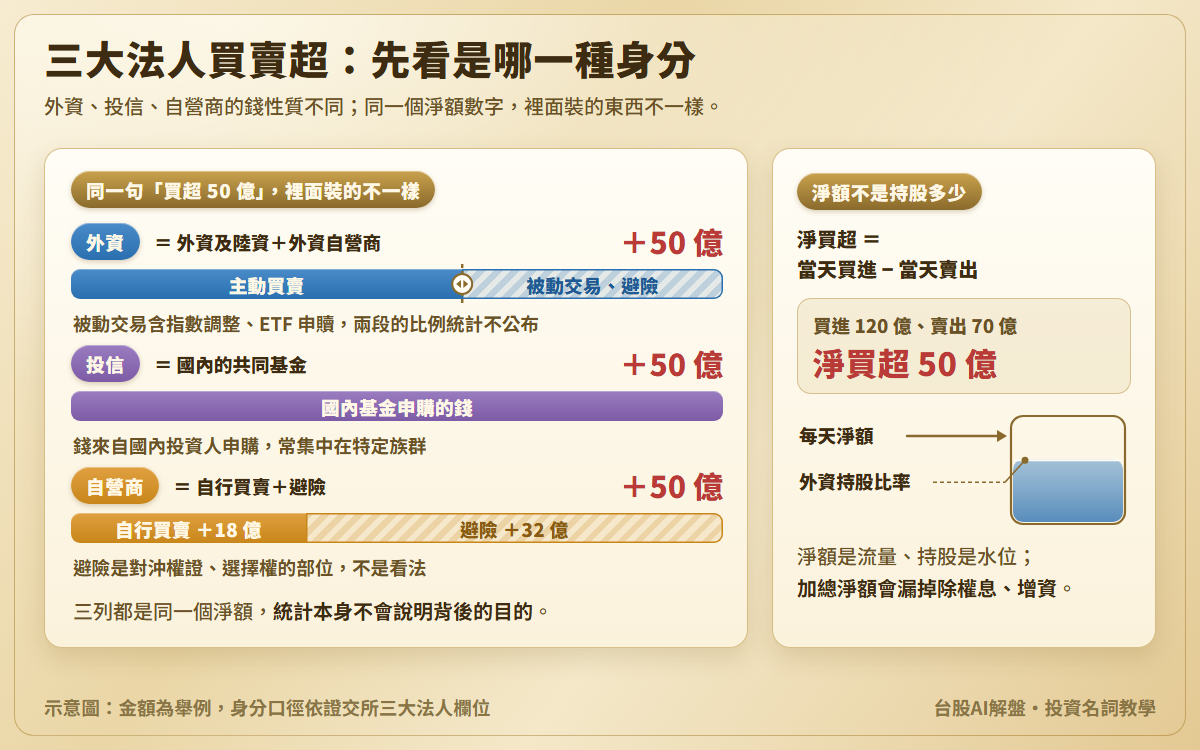 三大法人示意圖：外資、投信、自營商各買超 50 億，每個淨額畫成一條拆開的長條，外資混著主動買賣與被動交易、避險且比例不公布，投信是國內基金申購的錢，自營商拆成自行買賣 18 億與避險 32 億；另附淨買超等於買進減賣出、不是持股多少