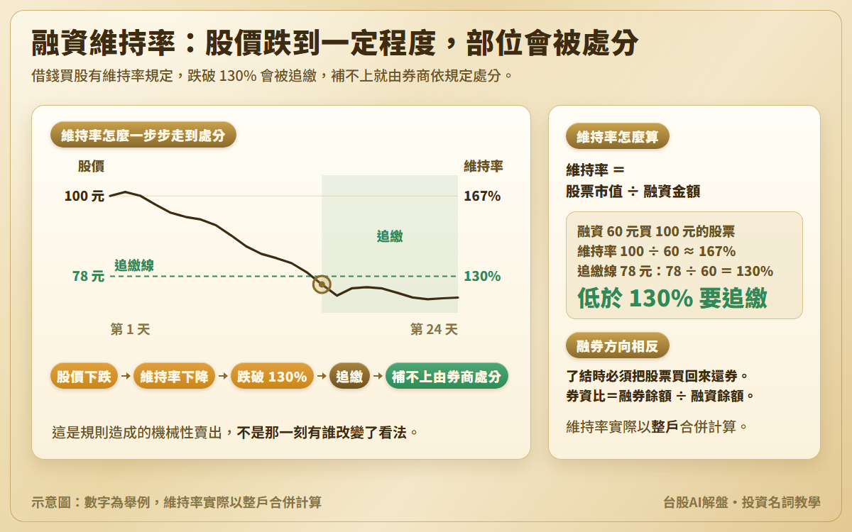 融資維持率示意圖：融資 60 元買進 100 元的股票，維持率約 167%；股價跌到 78 元時維持率剛好 130%，是追繳線，再往下跌、低於 130% 才進入追繳；另附股價下跌、維持率下降、跌破 130%、追繳、補不上由券商處分的流程