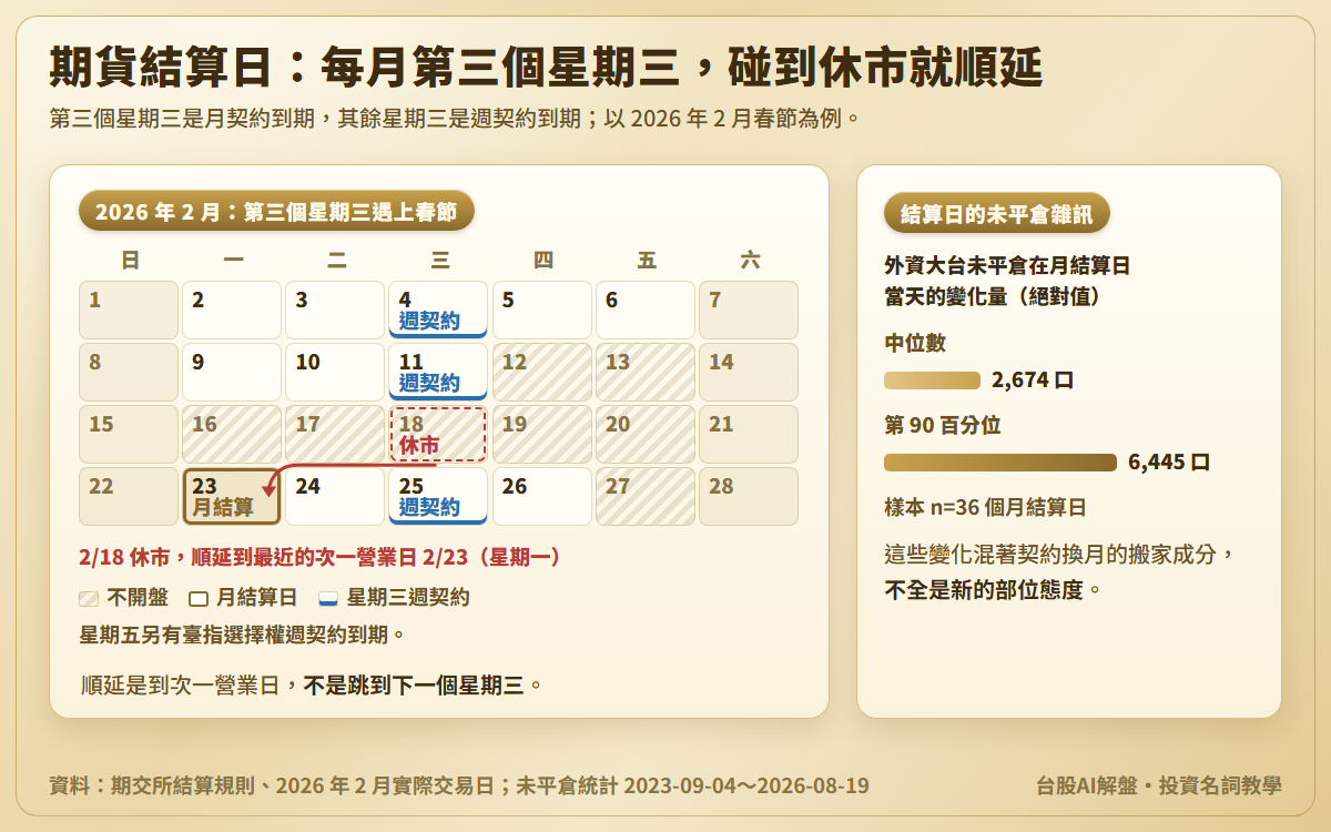 2026 年 2 月月曆：第三個星期三 2 月 18 日遇春節休市，月契約結算順延到 2 月 23 日星期一，其餘星期三標週契約；另附外資大台未平倉在月結算日的變化量絕對值，中位數 2,674 口、第 90 百分位 6,445 口，樣本 36 次