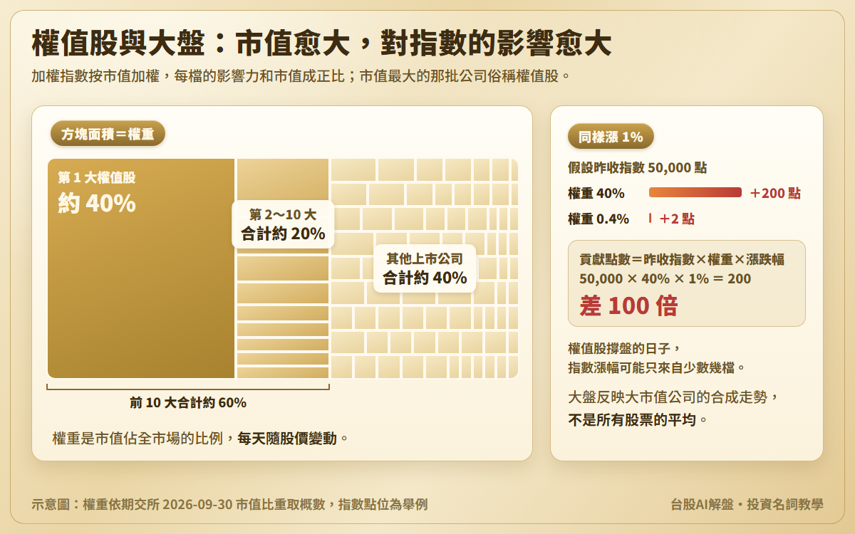 權值股與大盤示意圖：方塊面積代表權重，依 2026 年 9 月 30 日市值比重四捨五入到整十，第 1 大權值股約 40%、第 2 到 10 大合計約 20%，前 10 大合計約 60%，其他上市公司合計約 40%；另附同樣漲 1% 的算例，假設昨收指數 50,000 點，權重 40% 貢獻 200 點、權重 0.4% 只貢獻 2 點