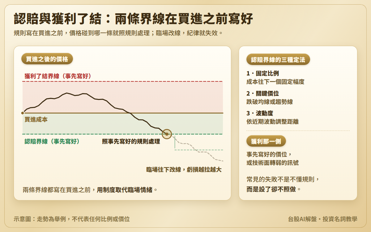 認賠與獲利了結界線示意圖：買進成本線之上是獲利了結界線、之下是認賠界線；價格先漲後跌碰到認賠界線，照事先寫好的規則處理；淡色虛線表示臨場把界線往下改、虧損繼續擴大