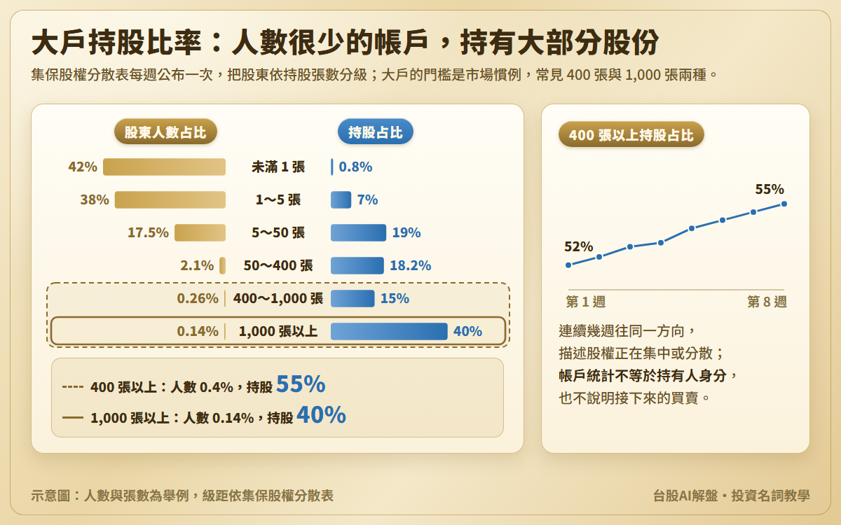 大戶持股比率示意圖:一檔示意股票依持股張數分成六個級距,一邊是股東人數占比、另一邊是持股占比;400 張以上占人數 0.4%、持股 55%,1,000 張以上占人數 0.14%、持股 40%,兩種門檻用虛線與實線框出;另附每週一筆的 400 張以上持股占比,8 週從 52% 到 55%