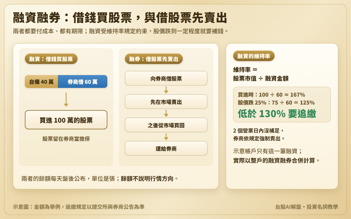 融資融券示意圖：融資自備 40 萬、向券商借 60 萬，買進 100 萬的股票並留在券商當擔保；融券向券商借股票先賣出、之後買回還券；另附維持率算例，買進時 100 除以 60 約 167%，股價跌 25% 後 75 除以 60 等於 125%，低於 130% 要追繳