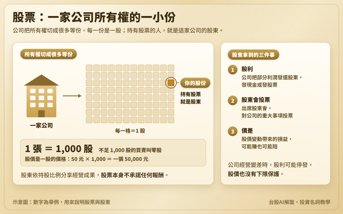 股票是什麼示意圖:一家公司的所有權切成很多格,每一格是一股,亮起的一格代表持有的股份;1 張等於 1,000 股,股價 50 元時一張 50,000 元;另列股東的三件事:股利、股東會投票,以及股價漲跌帶來的價差,可能賺也可能賠
