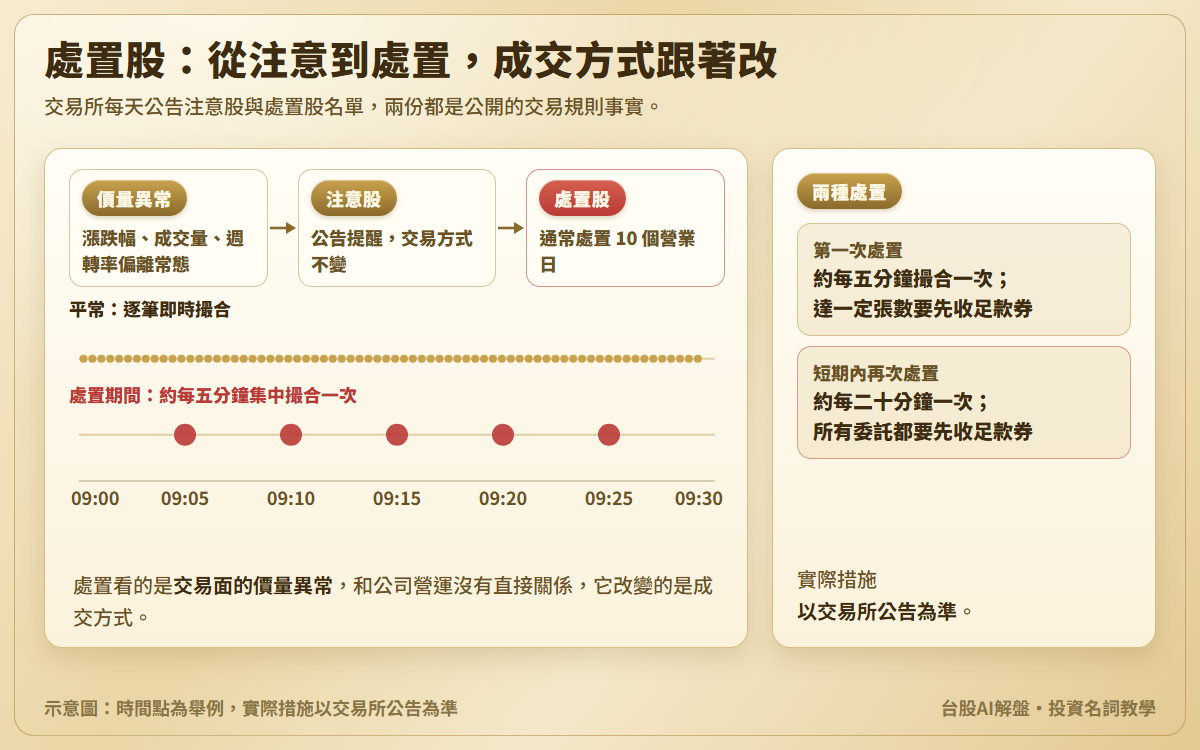 處置股示意圖:價量異常、注意股、處置股三個步驟;平常逐筆即時撮合的時間軸對照處置期間約每五分鐘集中撮合一次;另說明第一次處置與短期內再次處置的差別