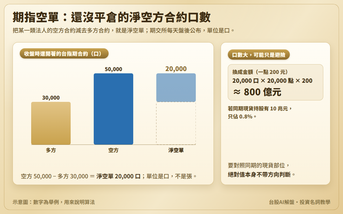 期指空單示意圖：某一類法人台指期多方 30,000 口、空方 50,000 口，淨空單 20,000 口；另附換算，一點 200 元、指數 20,000 點時 20,000 口約 800 億元，對照 10 兆元現貨持股只佔 0.8%