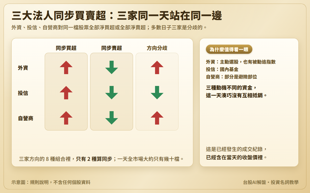 三大法人同步買賣超示意圖:外資、投信、自營商三列,同步買超三個紅色向上箭頭、同步賣超三個綠色向下箭頭、方向分歧上下混合;三家方向共 8 種組合只有 2 種算同步;另說明三種資金動機不同,買賣超是已經發生的成交紀錄