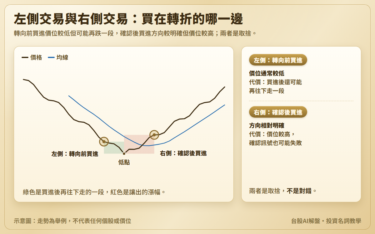 V 形走勢示意圖：價格先跌到一個低點再回升，低點之前標出轉向前買進的位置，之後價格又往下走一段；低點之後價格站回均線、均線也轉為向上的地方標出轉向確認後買進的位置，與低點之間是讓出的一段漲幅