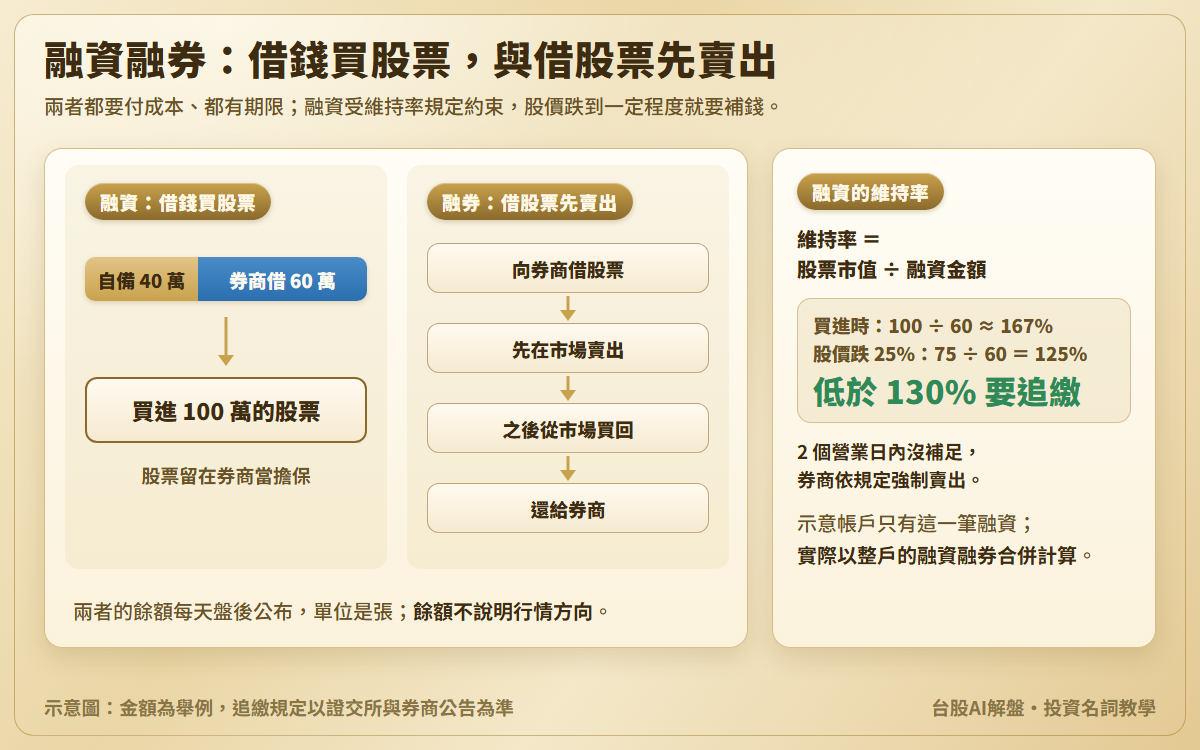 融資融券示意圖：融資自備 40 萬、向券商借 60 萬，買進 100 萬的股票並留在券商當擔保；融券向券商借股票先賣出、之後買回還券；另附維持率算例，買進時 100 除以 60 約 167%，股價跌 25% 後 75 除以 60 等於 125%，低於 130% 要追繳