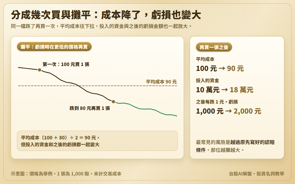 攤平示意圖：價格從 100 元一路下跌，100 元買 1 張、80 元再買 1 張，平均成本 90 元的虛線；投入資金從 10 萬元變成 18 萬元，之後每跌 1 元的虧損從 1,000 元變成 2,000 元