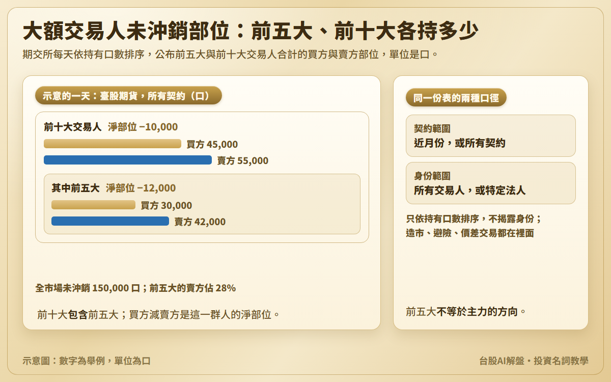 大額交易人未沖銷部位示意圖：臺股期貨所有契約，前十大買方 45,000 口、賣方 55,000 口、淨部位負 10,000 口，框內的前五大買方 30,000 口、賣方 42,000 口、淨部位負 12,000 口，全市場未沖銷 150,000 口；另說明兩種口徑與只依口數排序、不揭露身份
