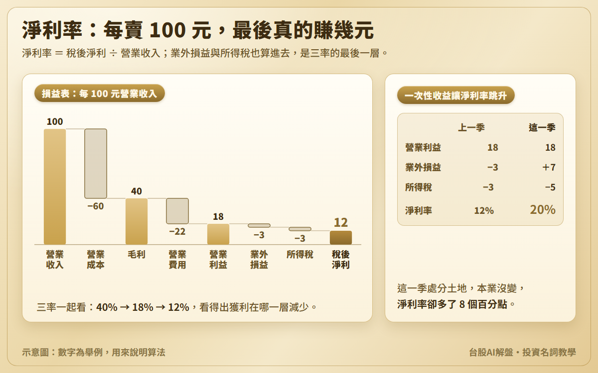淨利率示意圖:每 100 元營業收入依序扣掉營業成本 60 元、營業費用 22 元、業外損失 3 元、所得稅 3 元,稅後淨利 12 元,淨利率 12%;另附兩季對照,營業利益都是 18 元,這一季處分土地使業外轉為收益 7 元,淨利率由 12% 升到 20%