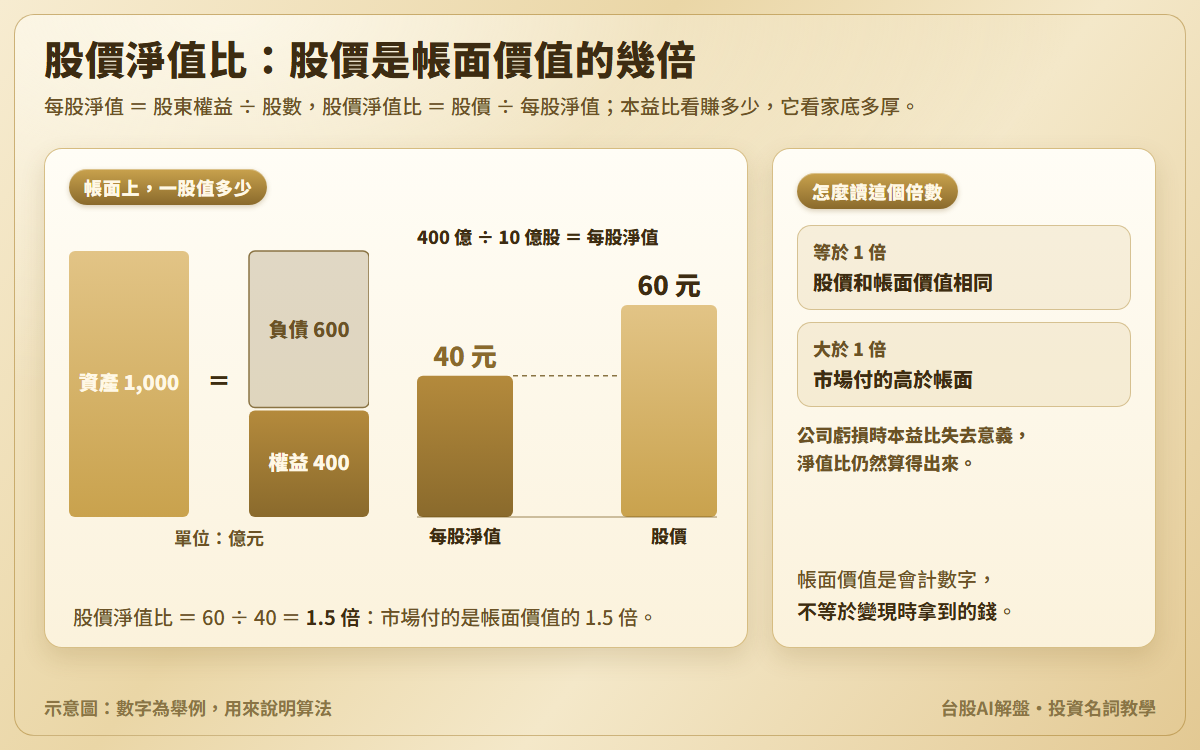 股價淨值比示意圖：資產 1,000 億元等於負債 600 億元加股東權益 400 億元，除以 10 億股，每股淨值 40 元；股價 60 元與每股淨值 40 元並排，股價淨值比 1.5 倍；另說明 1 倍代表股價和帳面價值相同，帳面價值不等於變現時拿到的錢