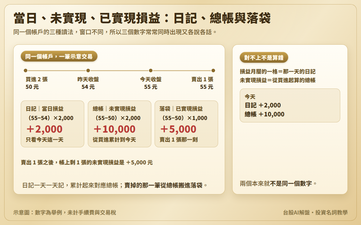 三種損益示意圖:50 元買進 2 張、昨收 54 元、今收 55 元、之後以 55 元賣出 1 張;當日損益 +2,000 元、未實現損益 +10,000 元、已實現損益 +5,000 元,賣出後剩 1 張的未實現損益 +5,000 元;另說明損益月曆的一格是日記