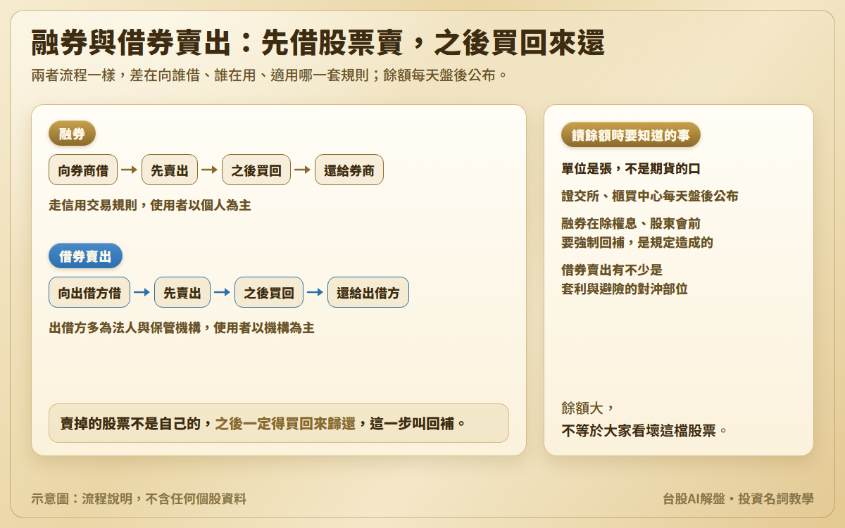 融券與借券賣出示意圖：兩條流程都是借股票、先賣出、之後買回、歸還；融券向券商借，使用者以個人為主；借券賣出向出借方借，出借方多為法人與保管機構；另說明餘額單位是張、每天盤後公布，融券在除權息與股東會前要強制回補，借券賣出有不少是套利與避險