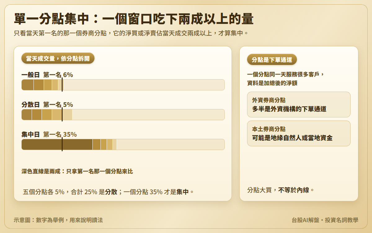 單一分點集中示意圖:三天的成交量依分點拆開,一般日第一名 6%、分散日五個分點各 5% 合計 25%、集中日第一名 35% 超過兩成的直線;另說明分點是下單通道不是持有人,外資券商分點多半是外資機構的下單通道