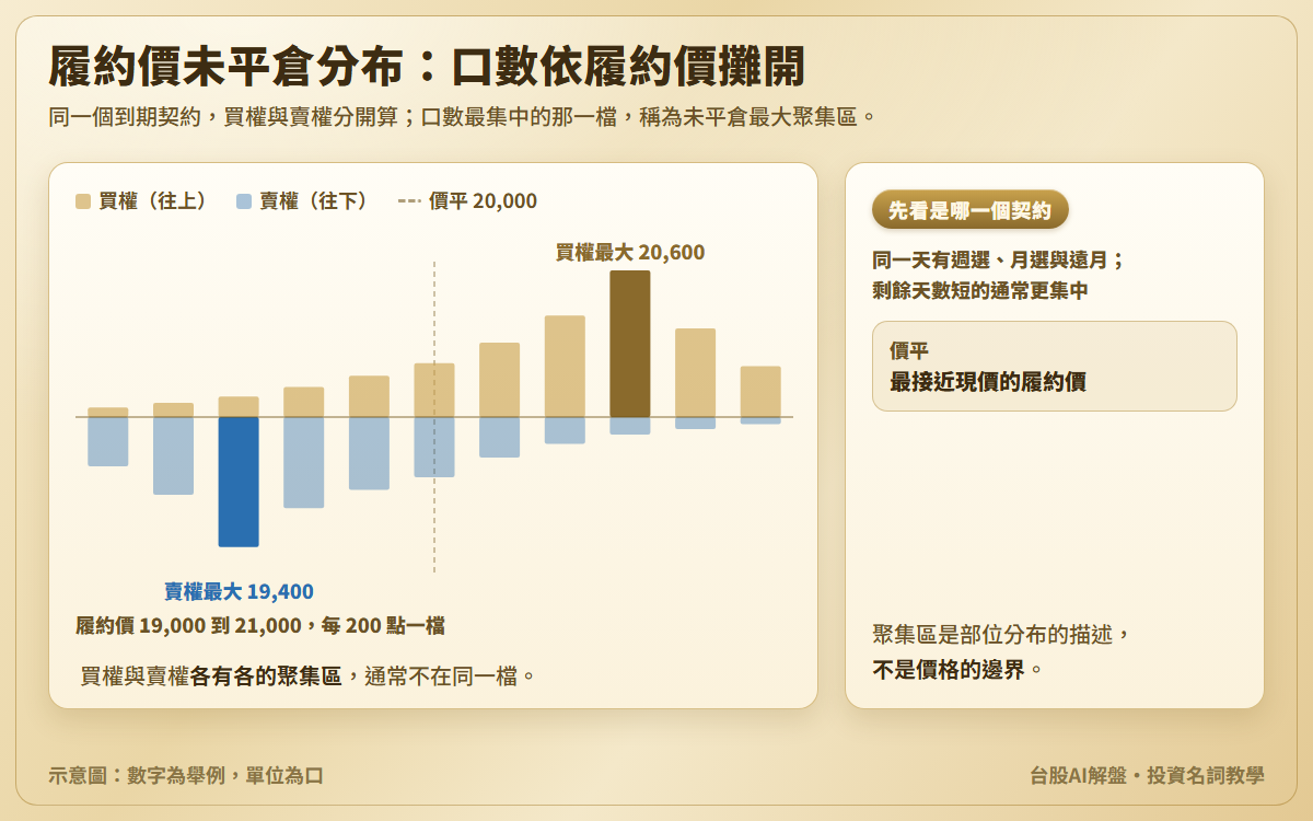 履約價未平倉分布示意圖：履約價 19,000 到 21,000 每 200 點一檔，買權往上、賣權往下，買權最大聚集區 20,600、賣權最大聚集區 19,400，價平 20,000 以虛線標出；另說明先看是哪一個契約，以及聚集區不是價格的邊界