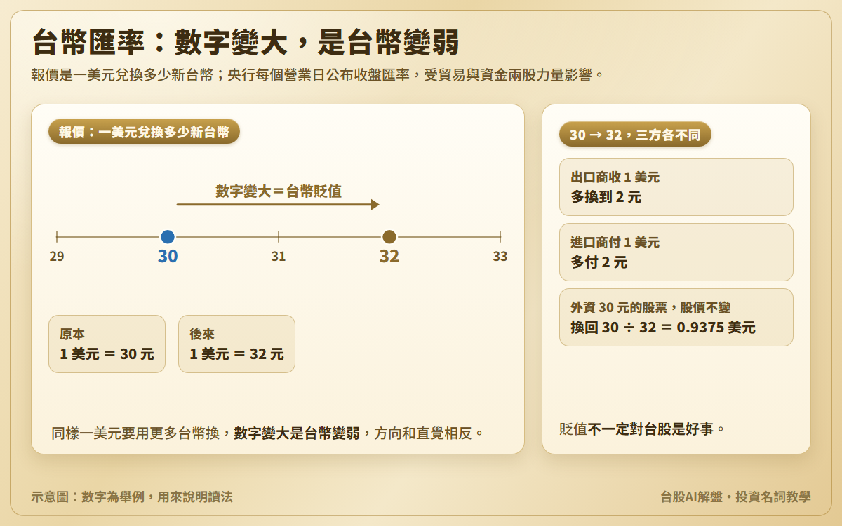 台幣匯率示意圖:一美元兌換新台幣的尺規,報價由 30 移到 32,標示數字變大等於台幣貶值;另附三方影響,出口商每收 1 美元多換 2 元、進口商每付 1 美元多付 2 元、外資 30 元的股票換回 0.9375 美元