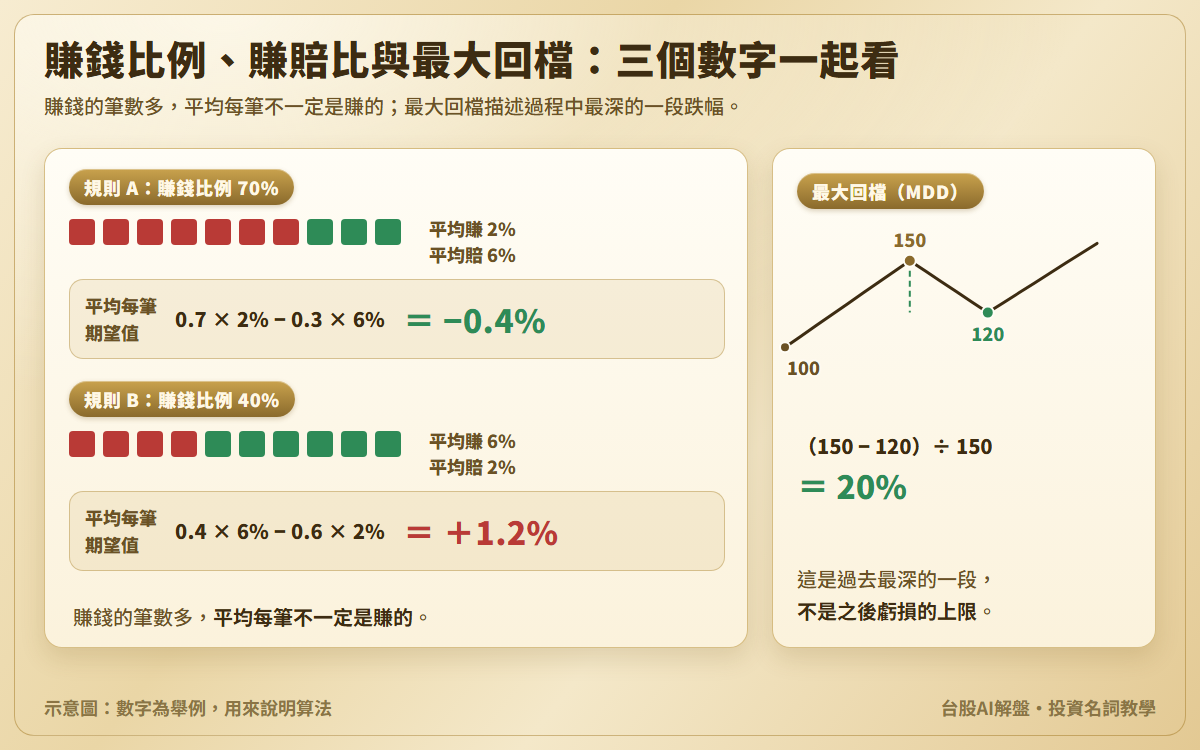 賺錢比例與賺賠比示意圖：規則 A 十筆賺七筆，平均賺 2%、平均賠 6%，期望值 −0.4%；規則 B 十筆賺四筆，平均賺 6%、平均賠 2%，期望值 ＋1.2%；另附資金曲線從 100 漲到 150、跌到 120，最大回檔 20%