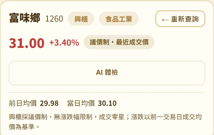 個股頁標題「富味鄉 1260」旁有「興櫃」標籤,價格 31.00 旁註明「議價制・最近成交價」